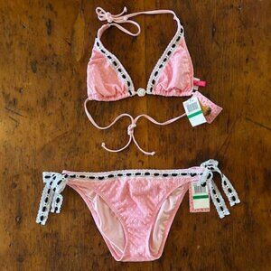 Betsey Johnson Pink Mesh Heart Lace Pinup Bikini Swimsuit Set